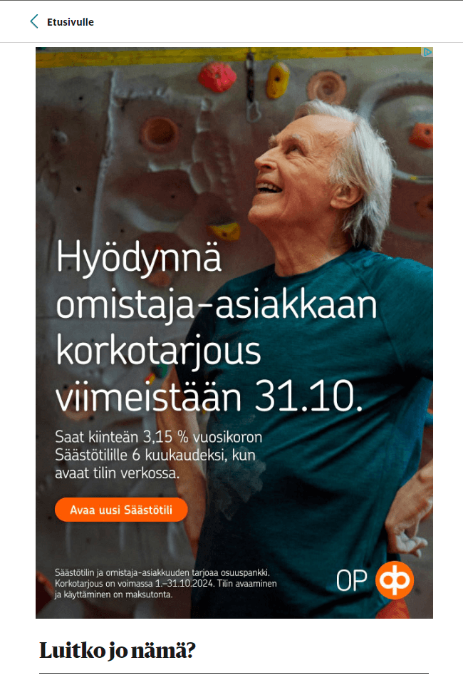 OP - Säästötilin korkotarjouskampanjan display-mainos